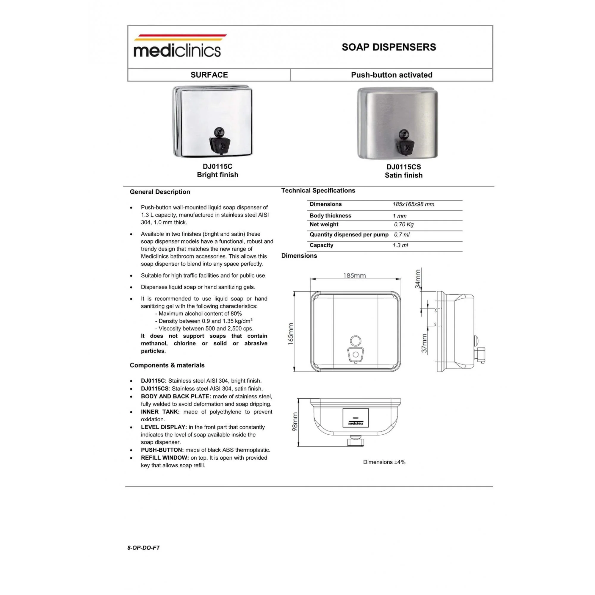 1300ml Square Soap Dispenser Made of Stainless Steel DJ0115C / DJ0115CS - Image 3