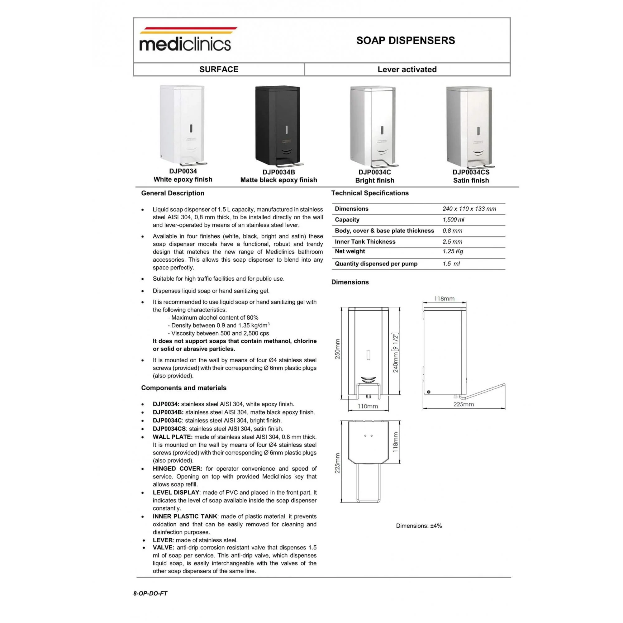 1500ml Lever Operated Liquid Soap and Hydroalcoholic Gel Dispenser - Image 3