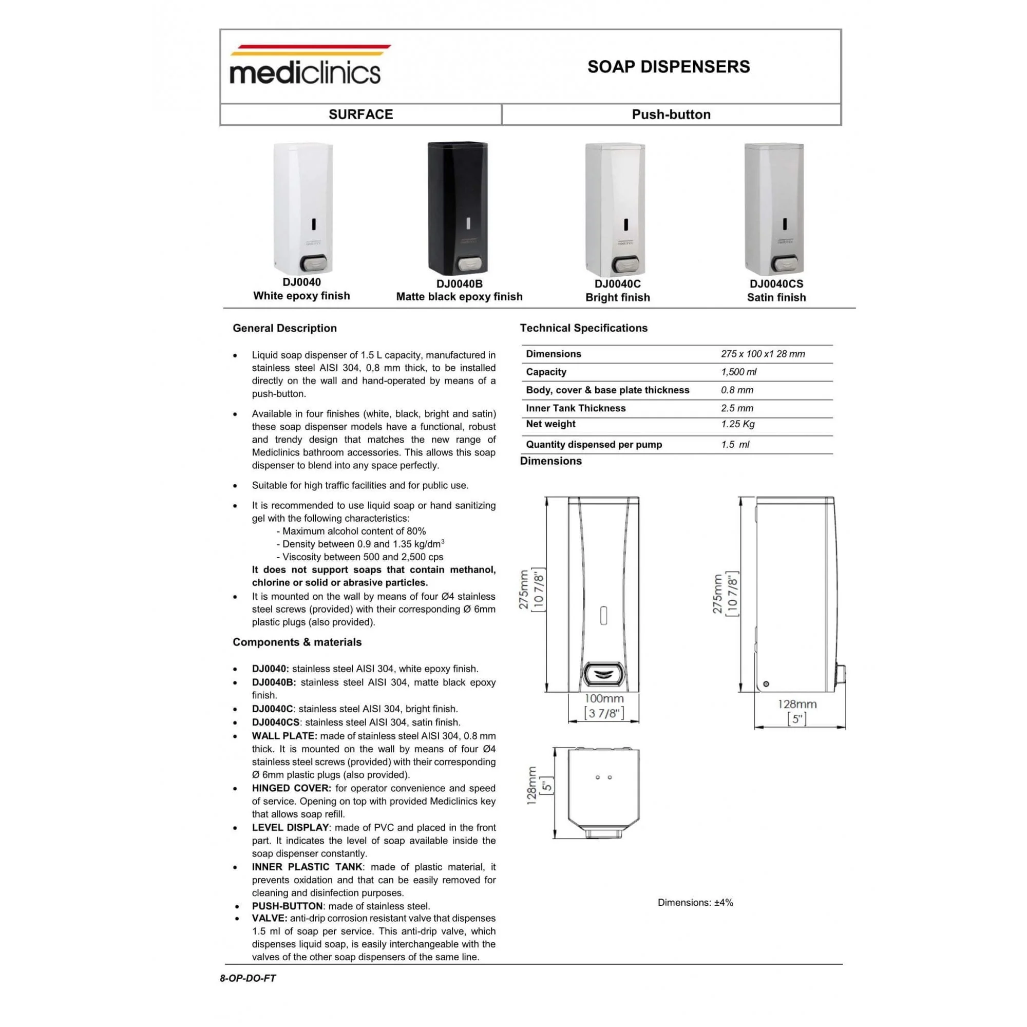 1500ml Wall Mounted Liquid Soap and Hydroalcoholic Gel Dispenser - Image 4