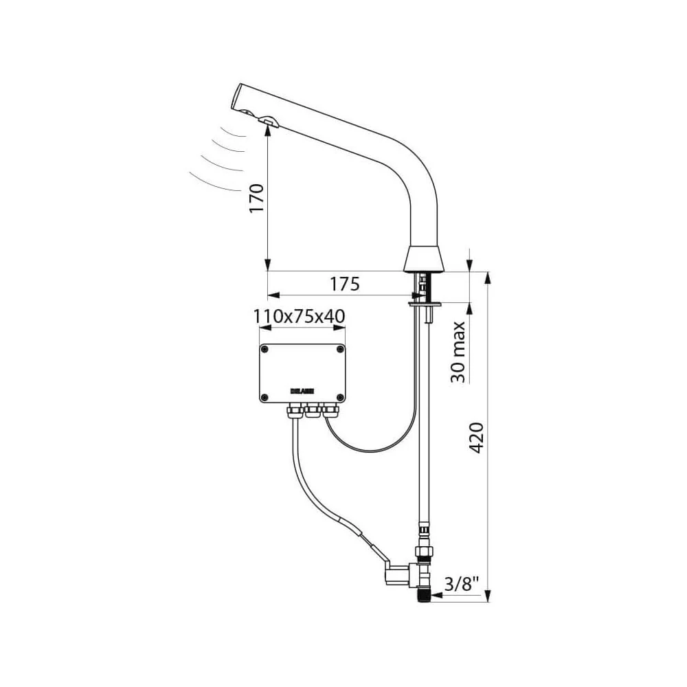 388035 / 488035 DELABIE Black BINOPTIC Electronic Tap for Semi-Recessed Basins (170mm High) - Image 2