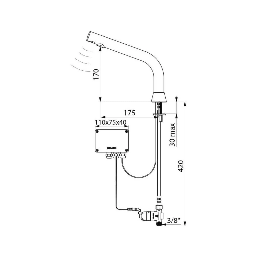 388035 / 488035 DELABIE Black BINOPTIC Electronic Tap for Semi-Recessed Basins (170mm High) - Image 3