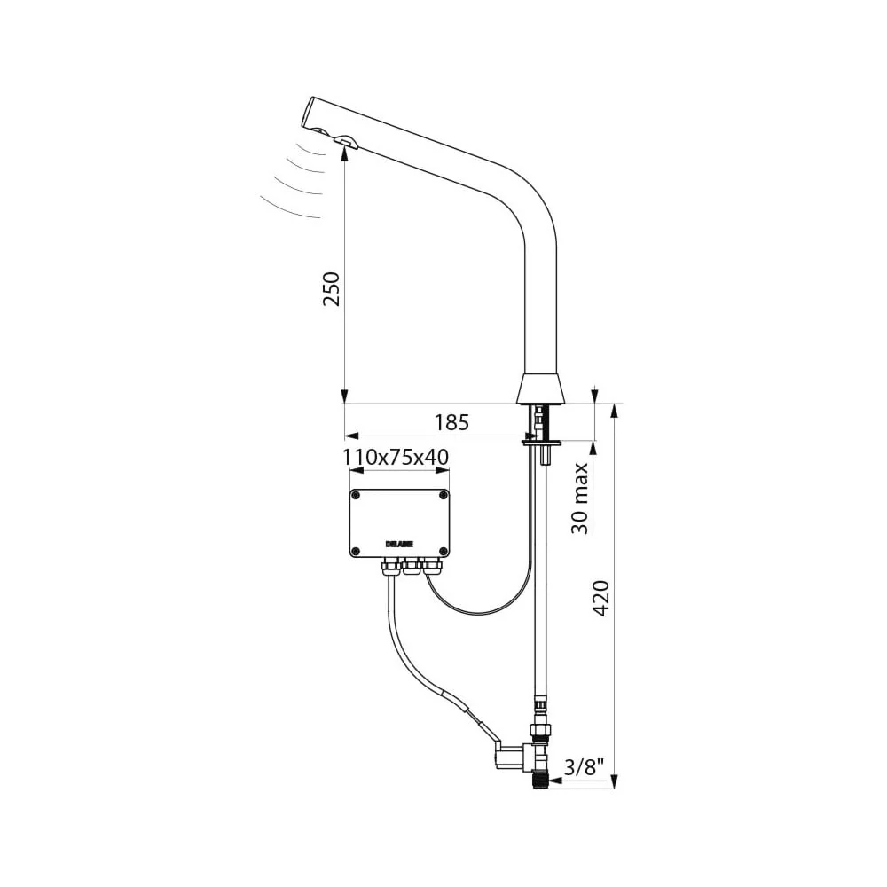 398035 / 498035 DELABIE Black BINOPTIC Electronic Tap for Countertop Basins (250mm High) - Image 2