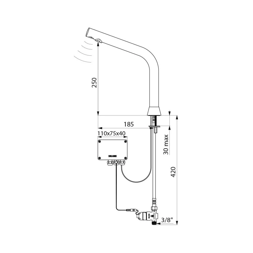 398035 / 498035 DELABIE Black BINOPTIC Electronic Tap for Countertop Basins (250mm High) - Image 3