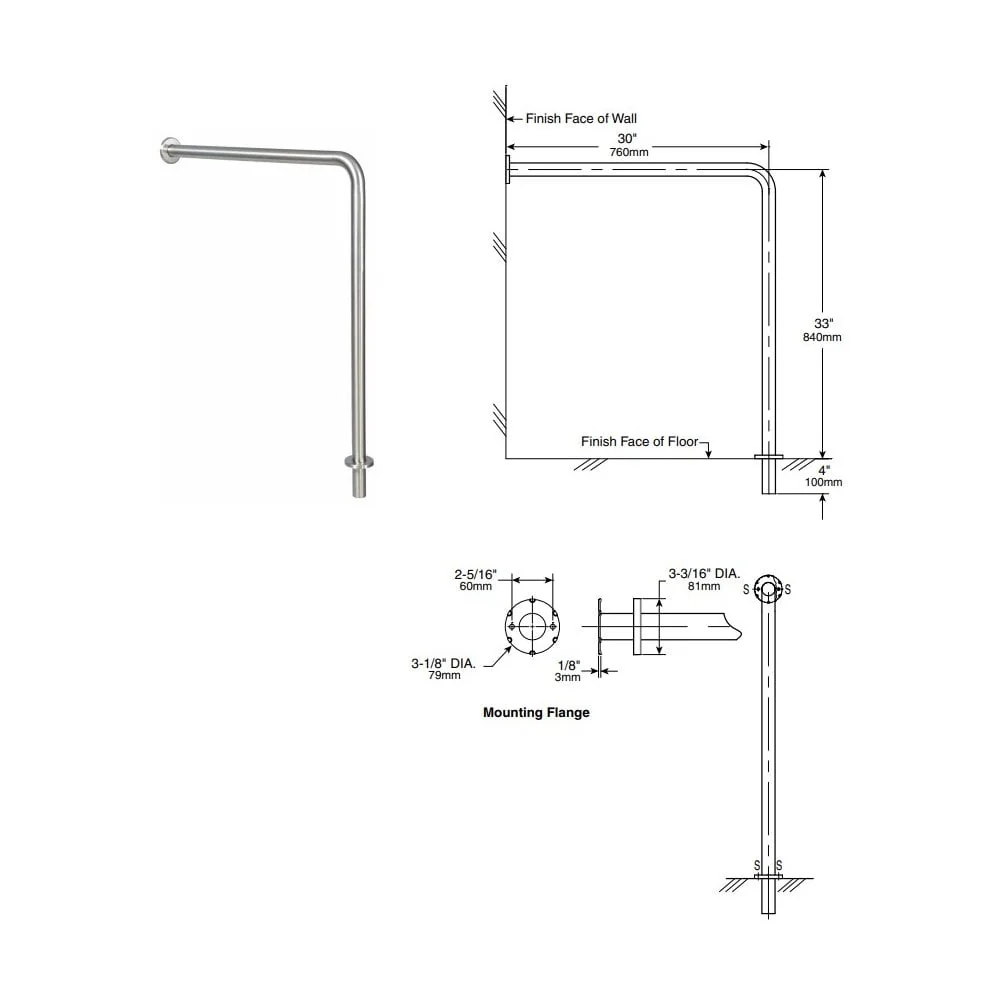 819388 38mm Diameter L-Shaped Wall to Floor AISI 304 Stainless Steel Grab Bar with Socket End - Image 2
