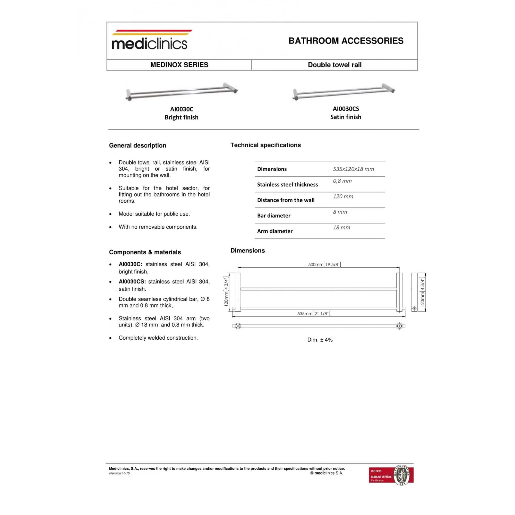 AI0030 Mediclinics Medinox Series AISI 304 Stainless Steel Double Towel Rail - Image 3