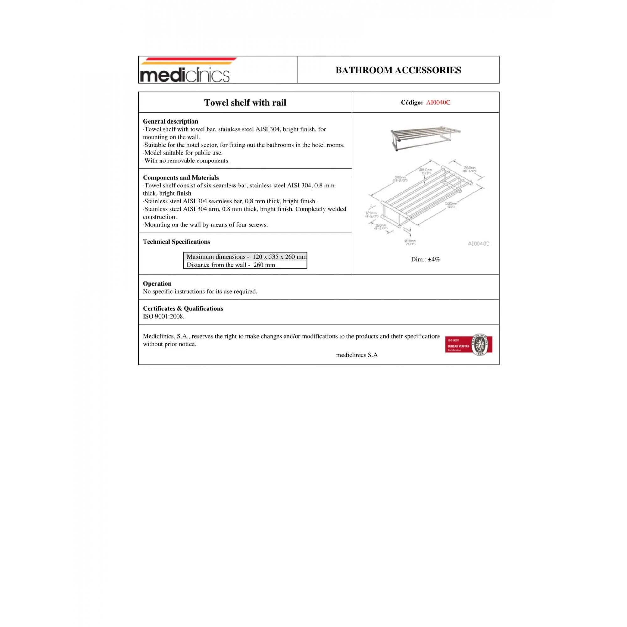 AI0040 Mediclinics AISI 304 Stainless Steel Wall Mounted Towel Shelf with Rail - Image 3