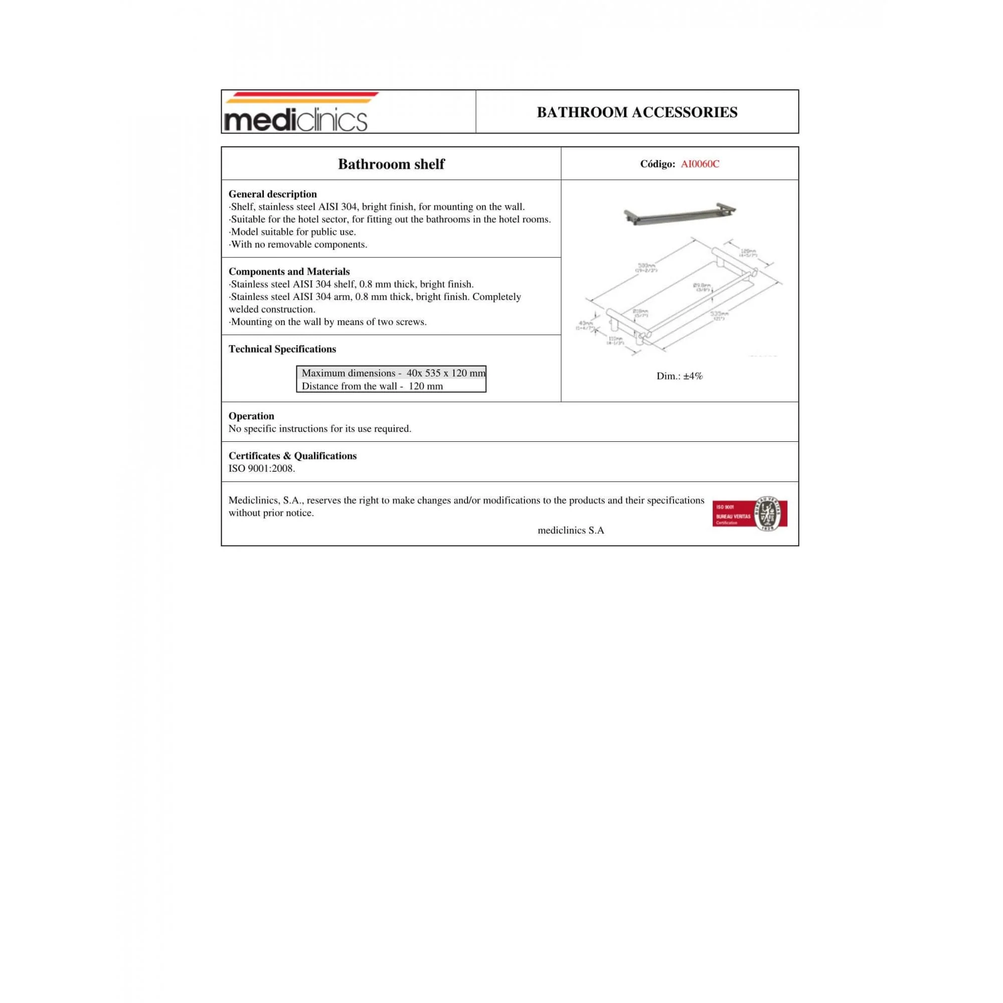 AI0060 Mediclinics Medinox Series AISI 304 Stainless Steel Washroom Shelf - Image 3