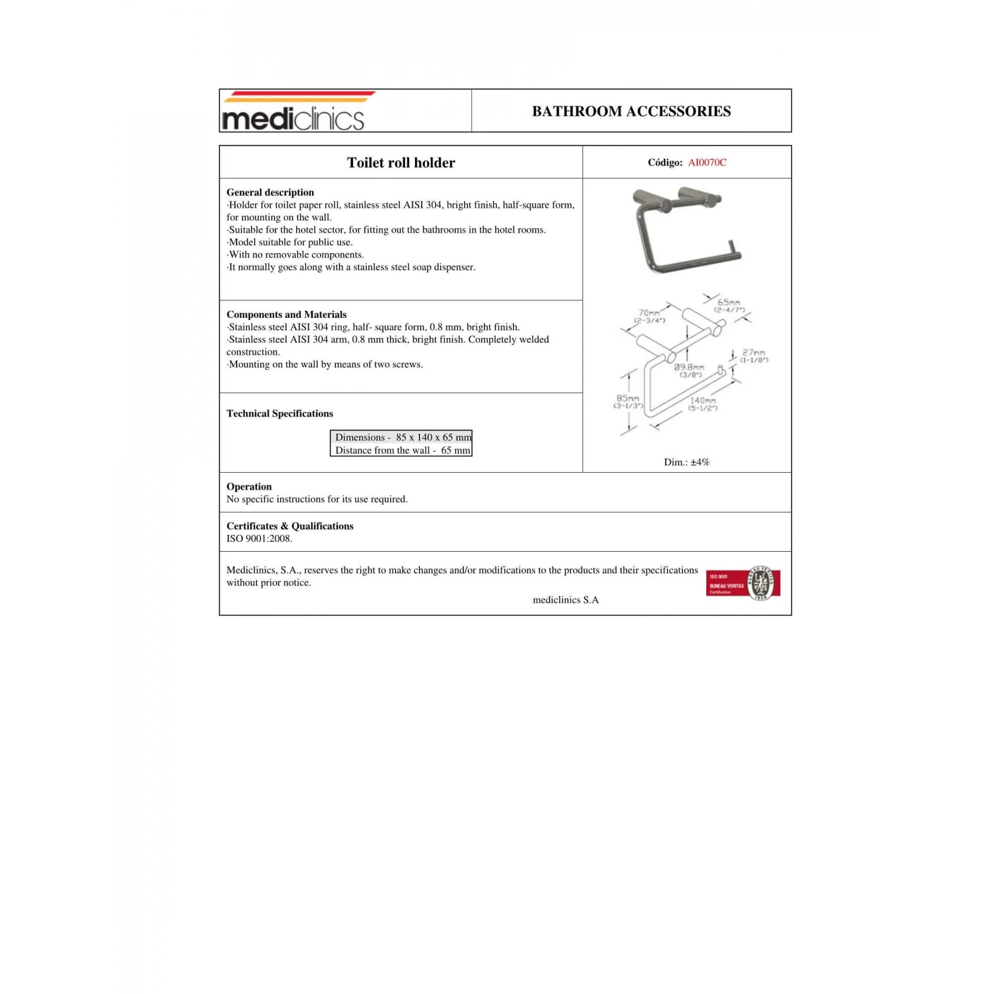 AI0070 Mediclinics Medinox Series AISI 304 Stainless Steel Toilet Roll Holder - Image 3