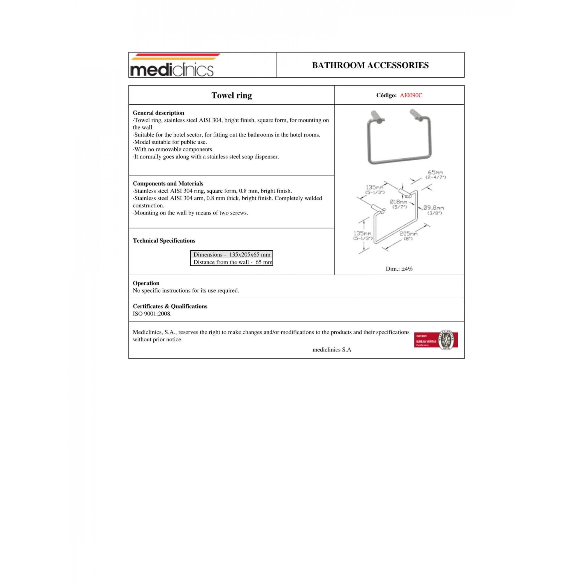 AI0090 Mediclinics Medinox Series AISI 304 Stainless Steel Square Towel Ring - Image 3