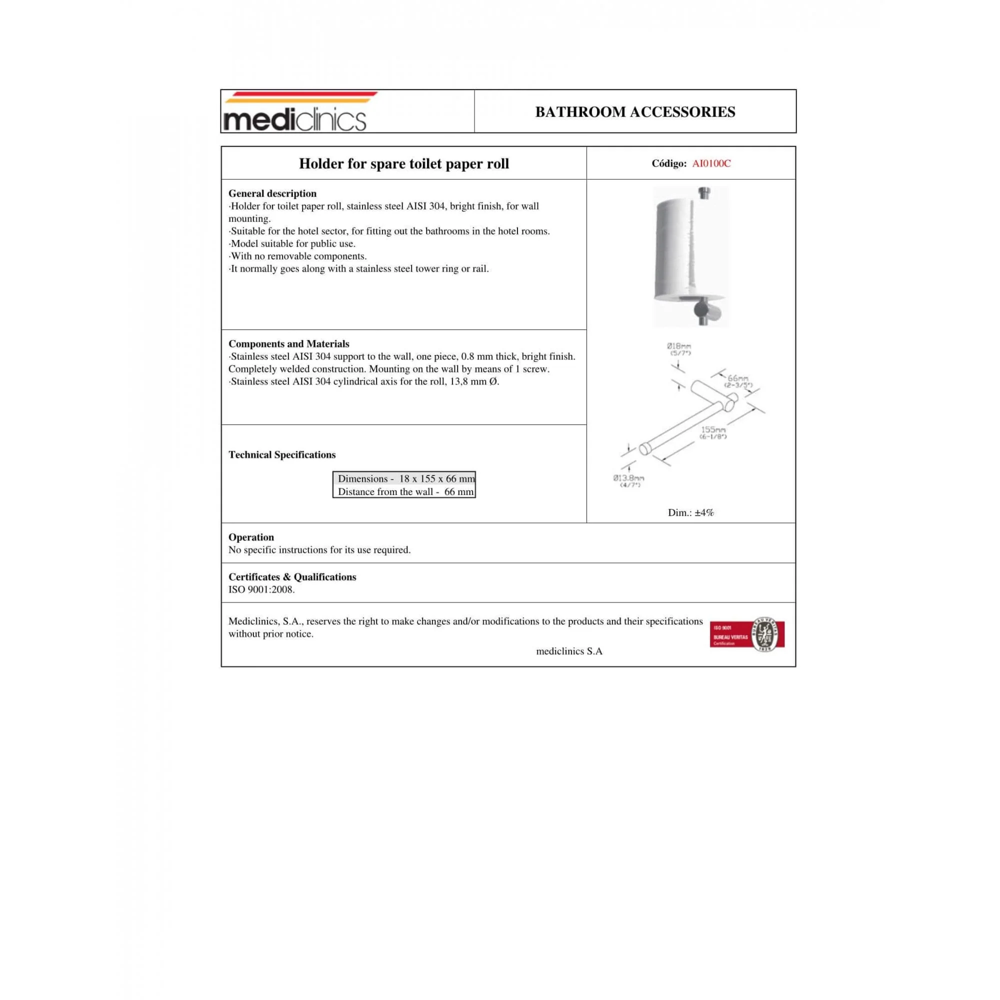 AI0100 Mediclinics Medinox Series AISI 304 Stainless Steel Spare Toilet Roll Holder - Image 3