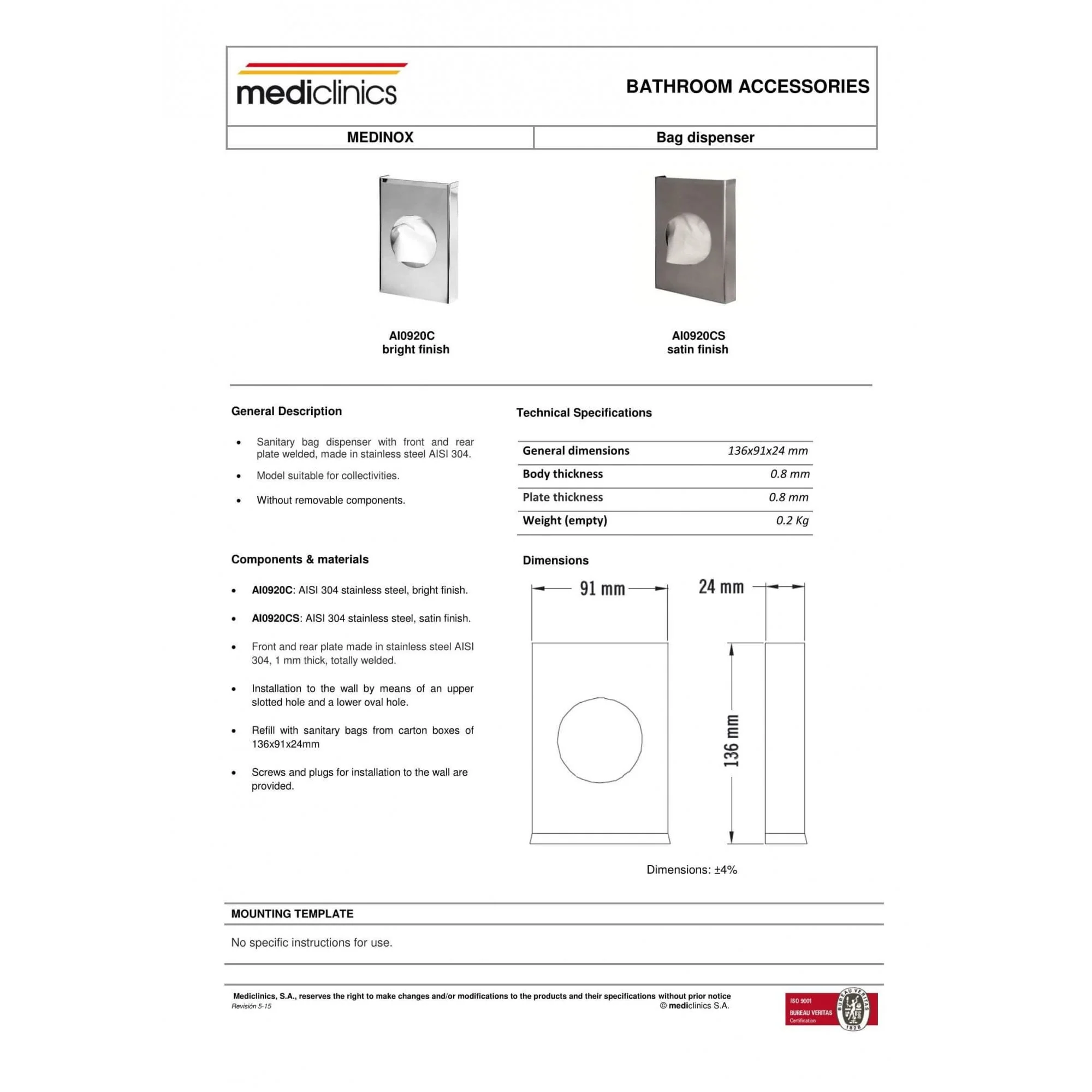 AI0920 Mediclinics Medinox Series AISI 304 Stainless Steel Sanitary Bag Dispenser - Image 3