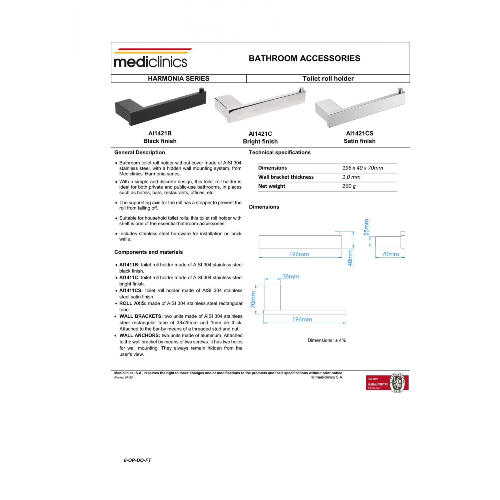 AI1421 Mediclinics Harmonia Series AISI 304 Stainless Steel Single Toilet Roll Holder - Image 4