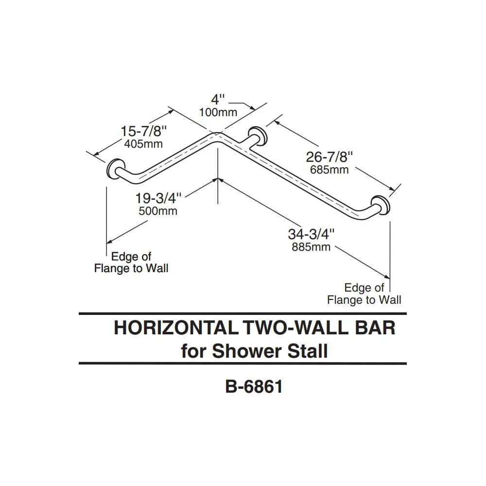 B-6861.99 38mm Diameter L-Shaped Stainless Steel Two-Wall Shower Grab Bar with Peened Gripping Surface (500 x 885mm) - Image 2