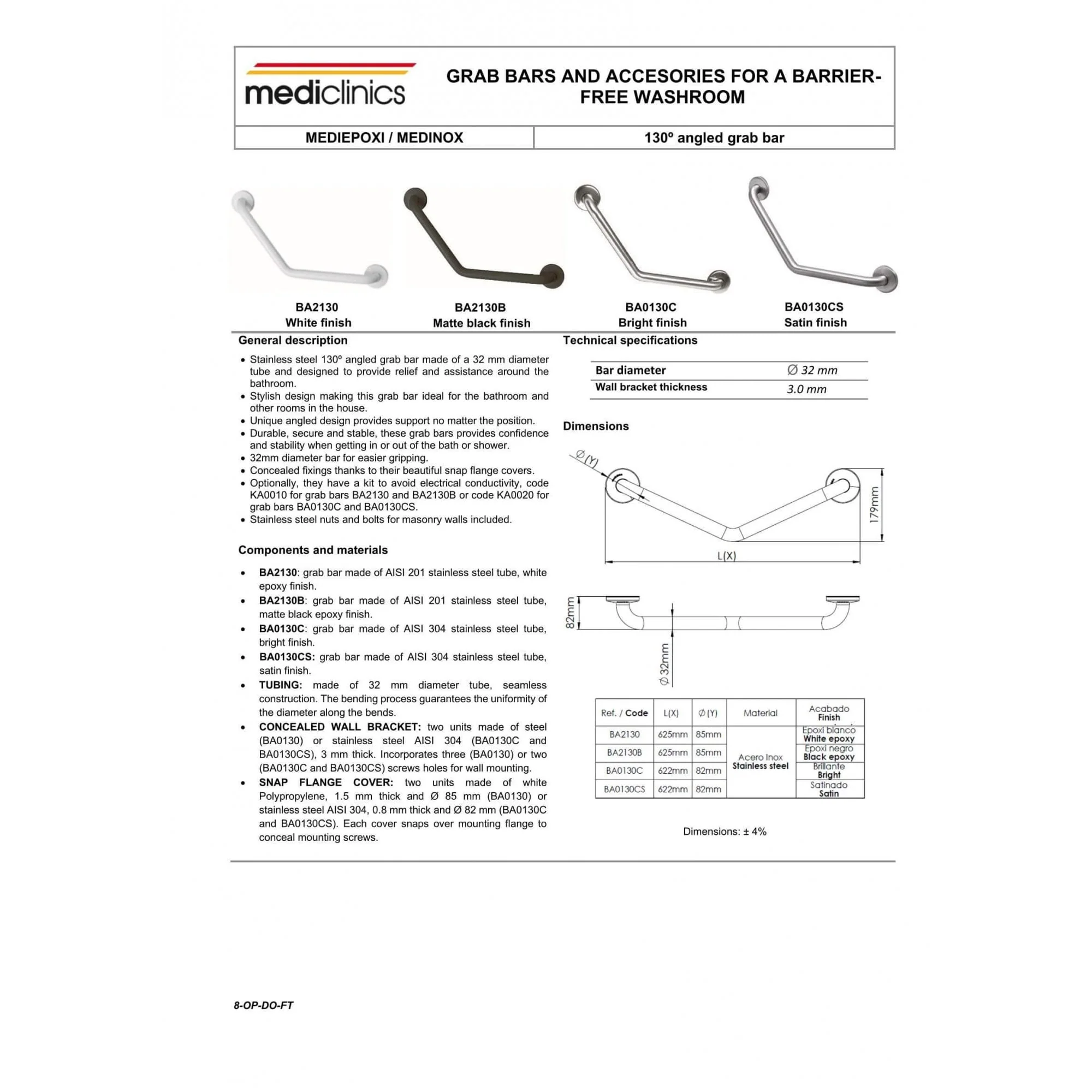 BA2130 / BA0130 Mediclinics Medinox Series Stainless Steel 130° Angled Grab Bar - Image 5