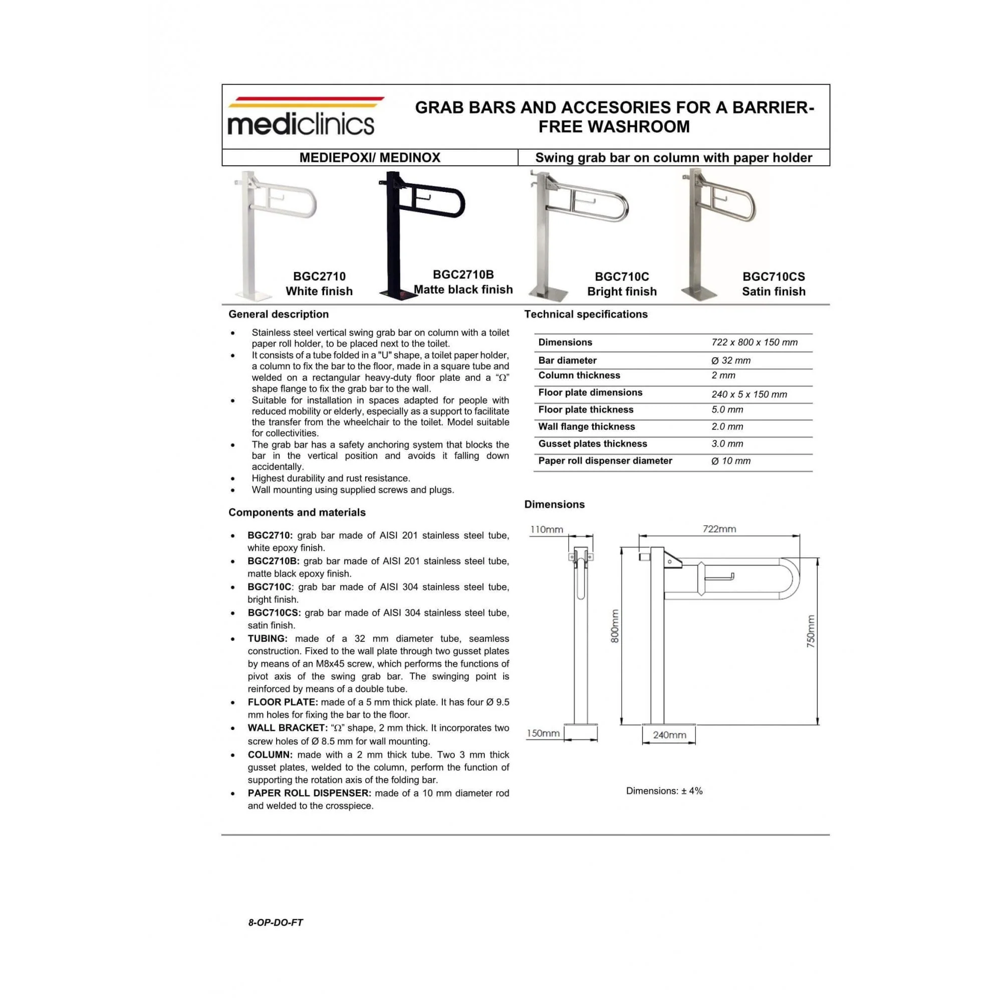 BGC2710 / BGC710 Mediclinics Medinox Series ø32mm Vertical Swing Grab Bar With Toilet Roll Holder - Image 5
