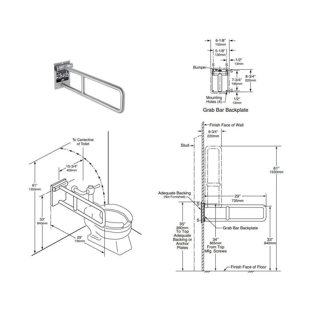 B-4998.99 735mm Stainless Steel Drop-down Grab Bar with Peened Finish - Image 3
