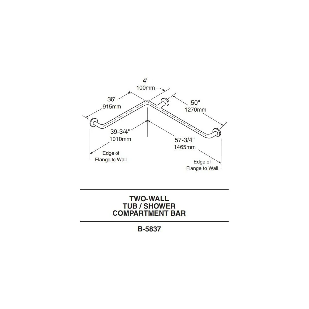 B-5837.99 Horizontal Bathroom 32mm Diameter Grab Rail for Two Walls with Peened Gripping Surface (1010 x 1465mm) - Image 2