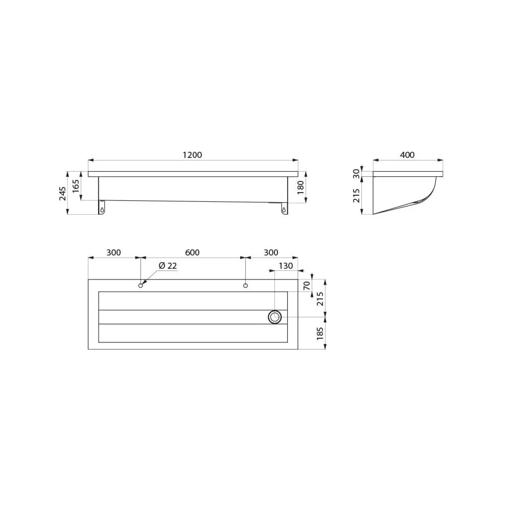 CANAL Wall-Mounted Stainless Steel Wash Trough L.1200mm with 2 x Ø22mm tap holes 121250 - Image 2