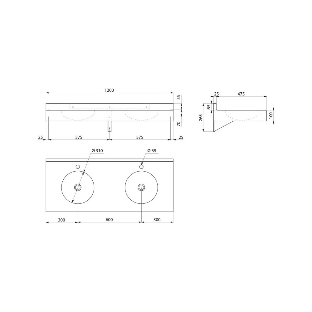 DUPLO RP Stainless Steel Wall-Mounted Multiple Washbasin and Splaashback with 2 x Ø35mm tap holes L.1200mm 121390 - Image 2