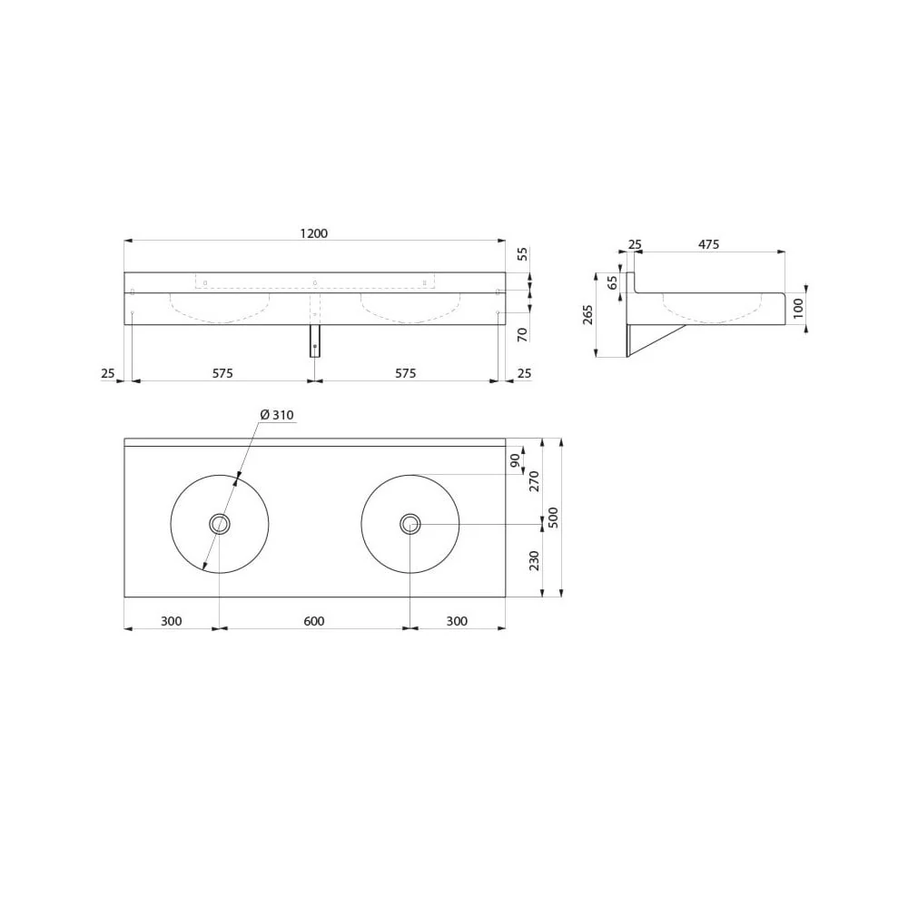DUPLO RP Stainless Steel Wall-Mounted Multiple Washbasin with Splashback L.1200mm 120390 - Image 2