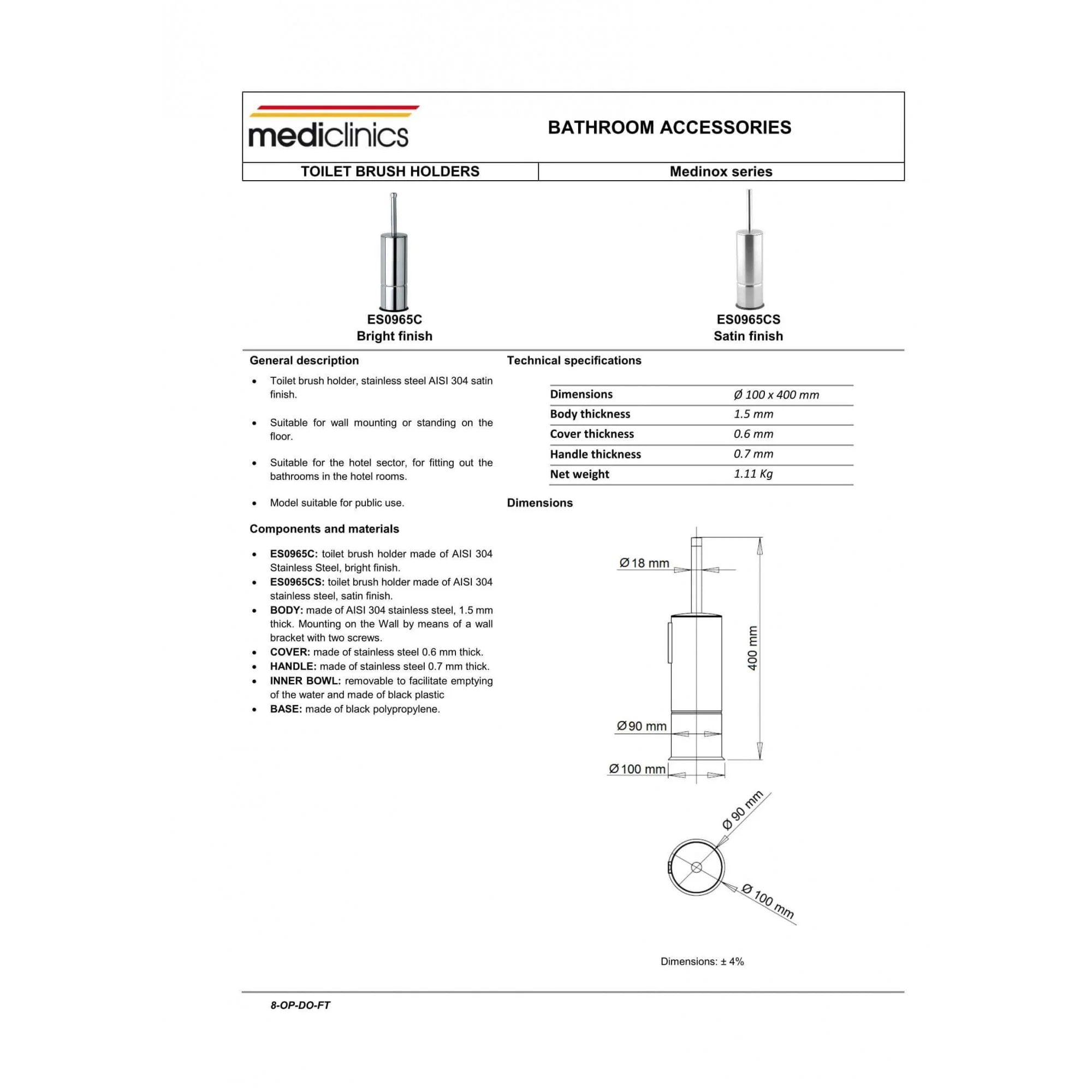 ES0965 Mediclinics Medinox Series AISI 304 Stainless Steel Toilet Brush Holder - Image 3