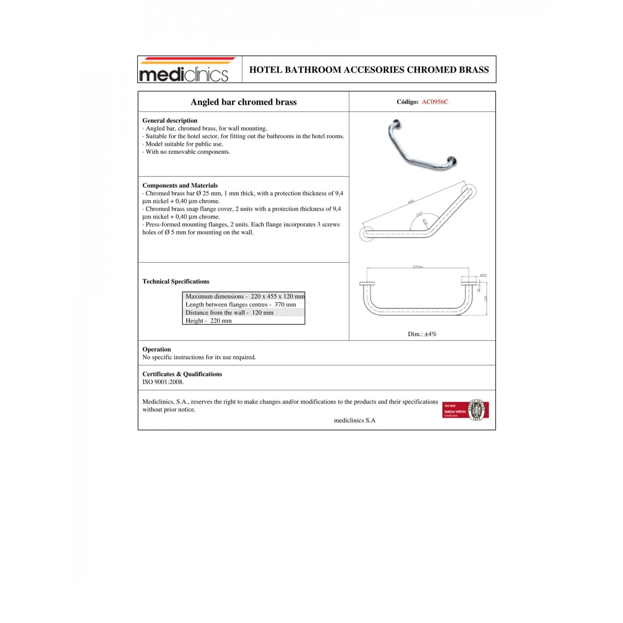 Mediclinics Angled Chromed Brass Grab Bar - Image 2