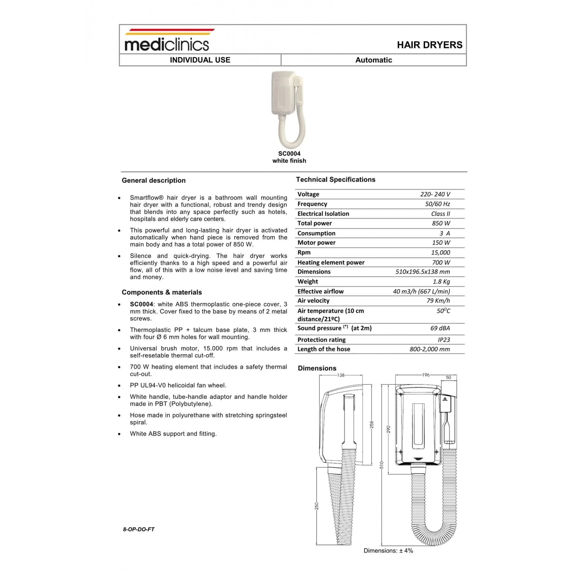 Mediclinics Bathroom Hair Dryer with Hose IP23 - Image 2