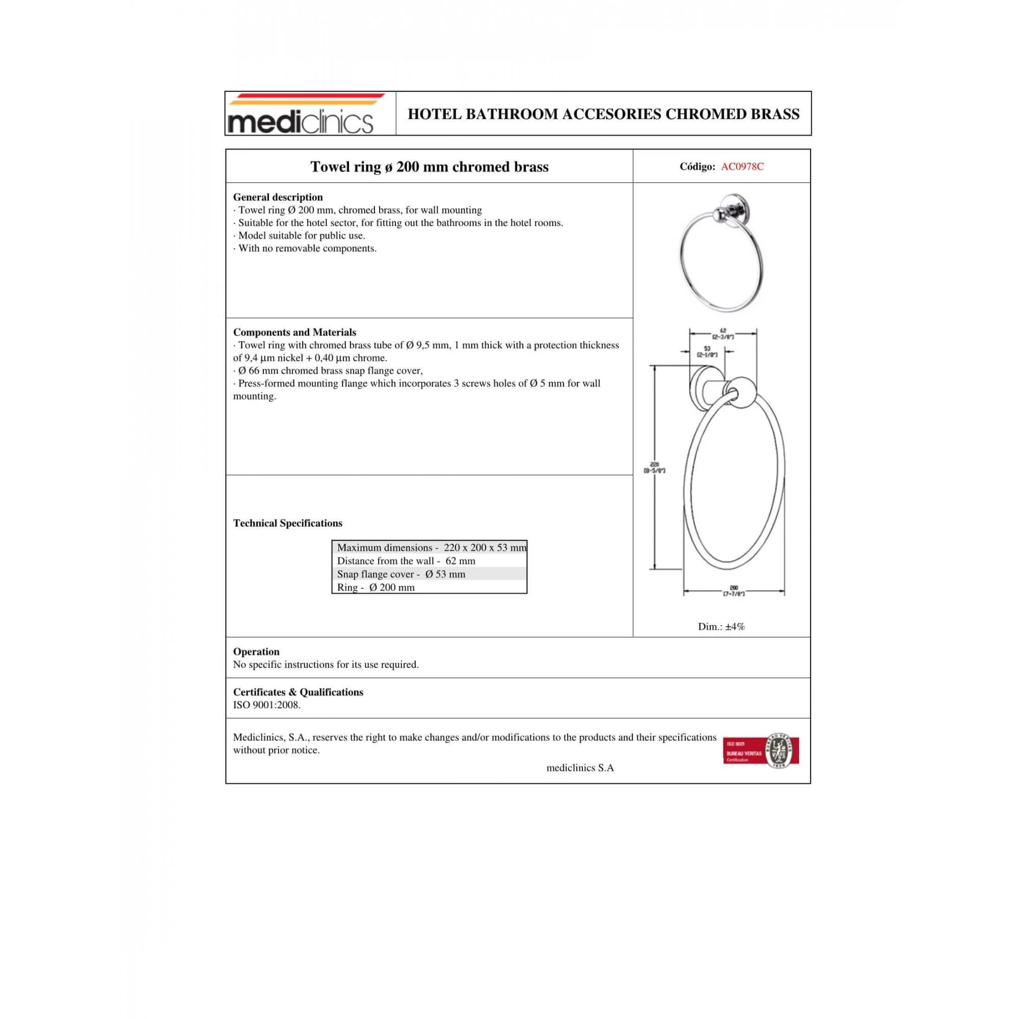 Mediclinics Chrome Plated Brass 200mm Towel Ring - Image 2