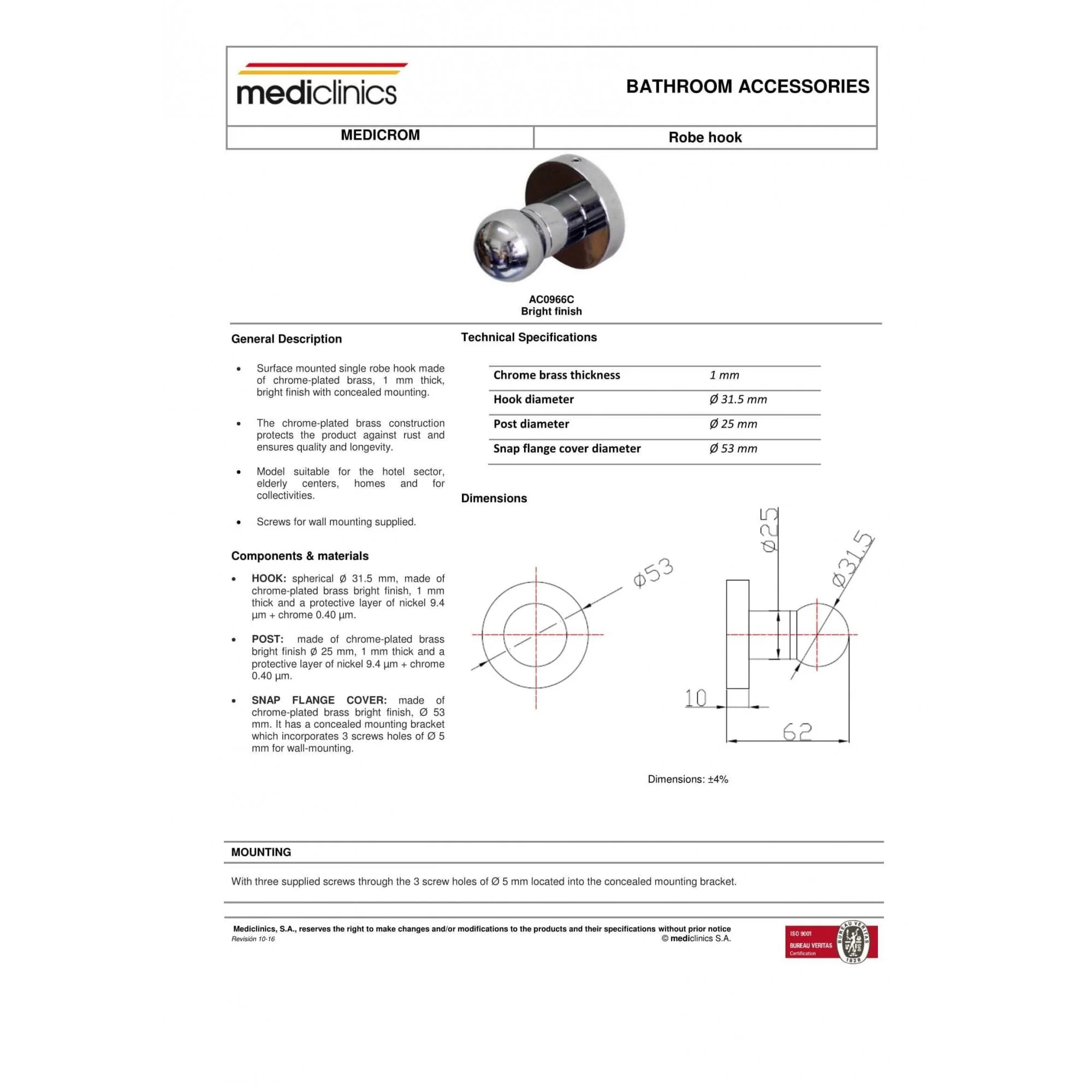 Mediclinics Chrome Plated Brass Hook - Image 2