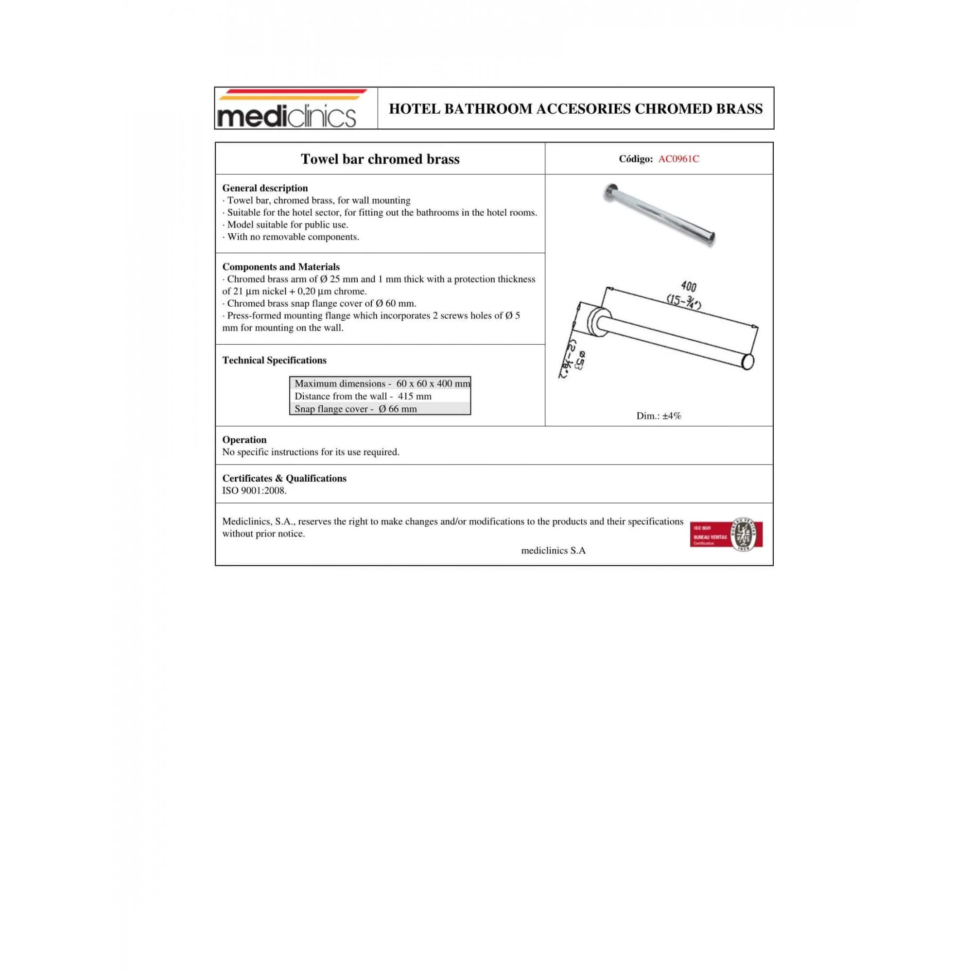 Mediclinics Chrome Plated Brass Towel Rail - Image 2