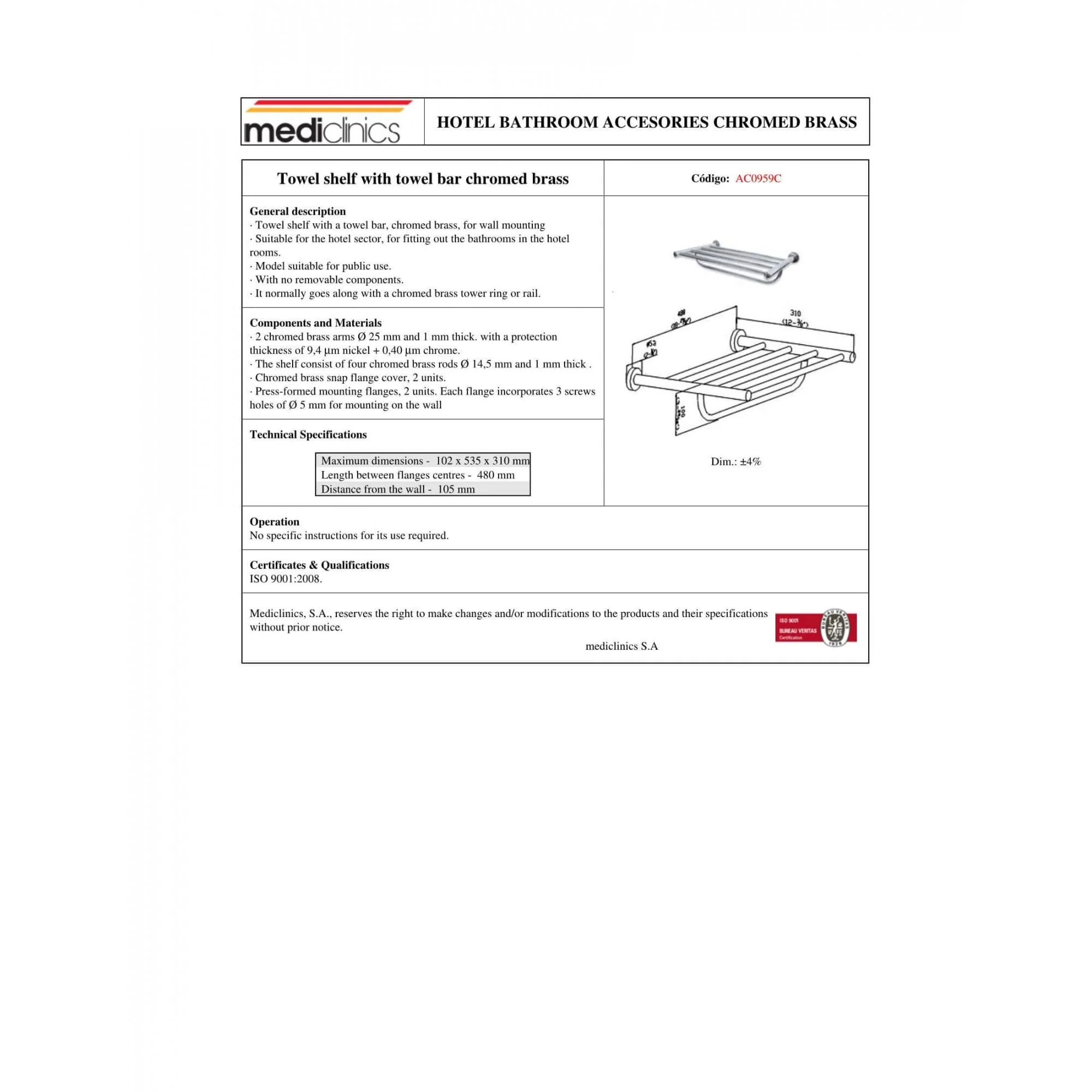 Mediclinics Chrome Plated Brass Towel Shelf with Rail - Image 2