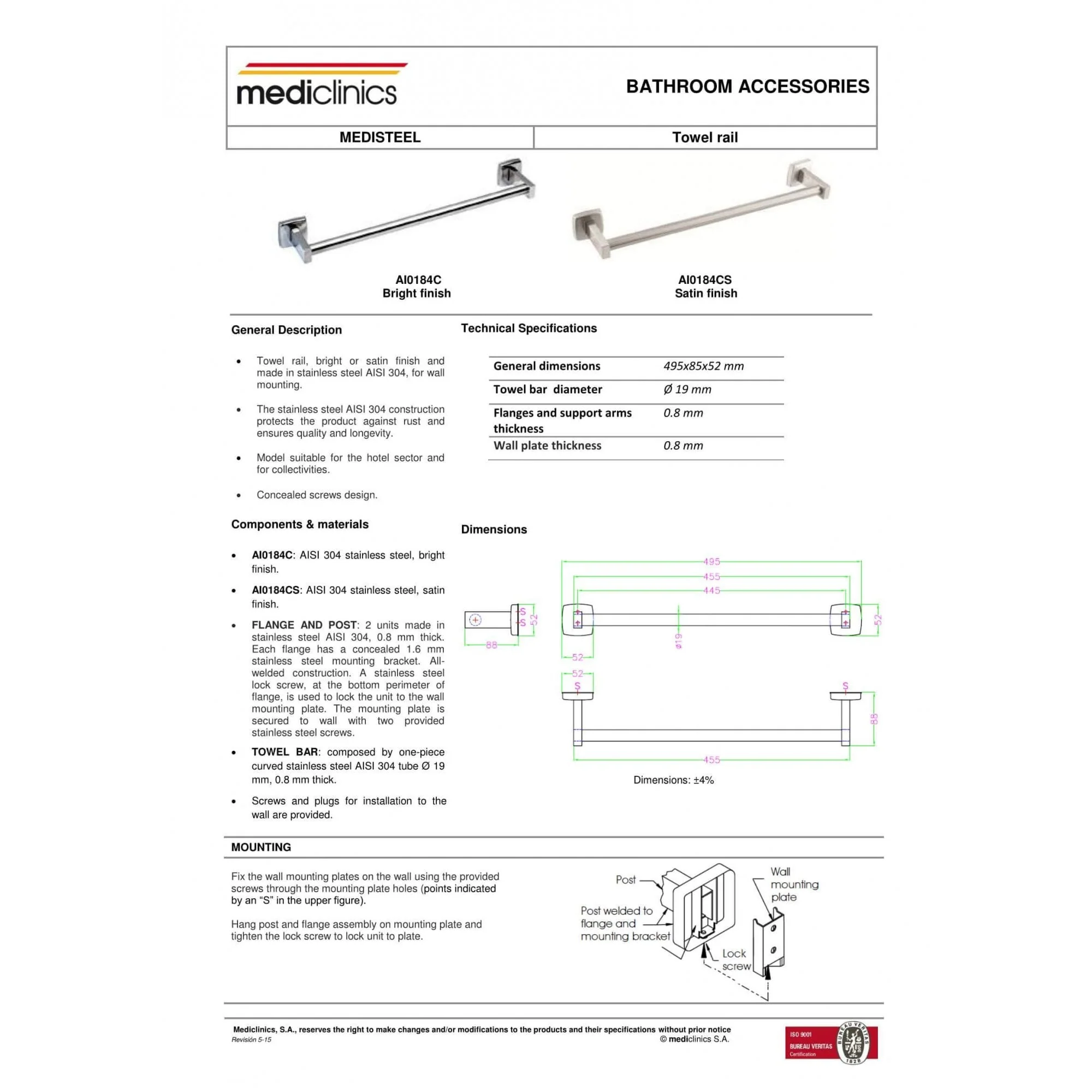 Mediclinics Stainless Steel Bathroom Towel Rail - Image 3