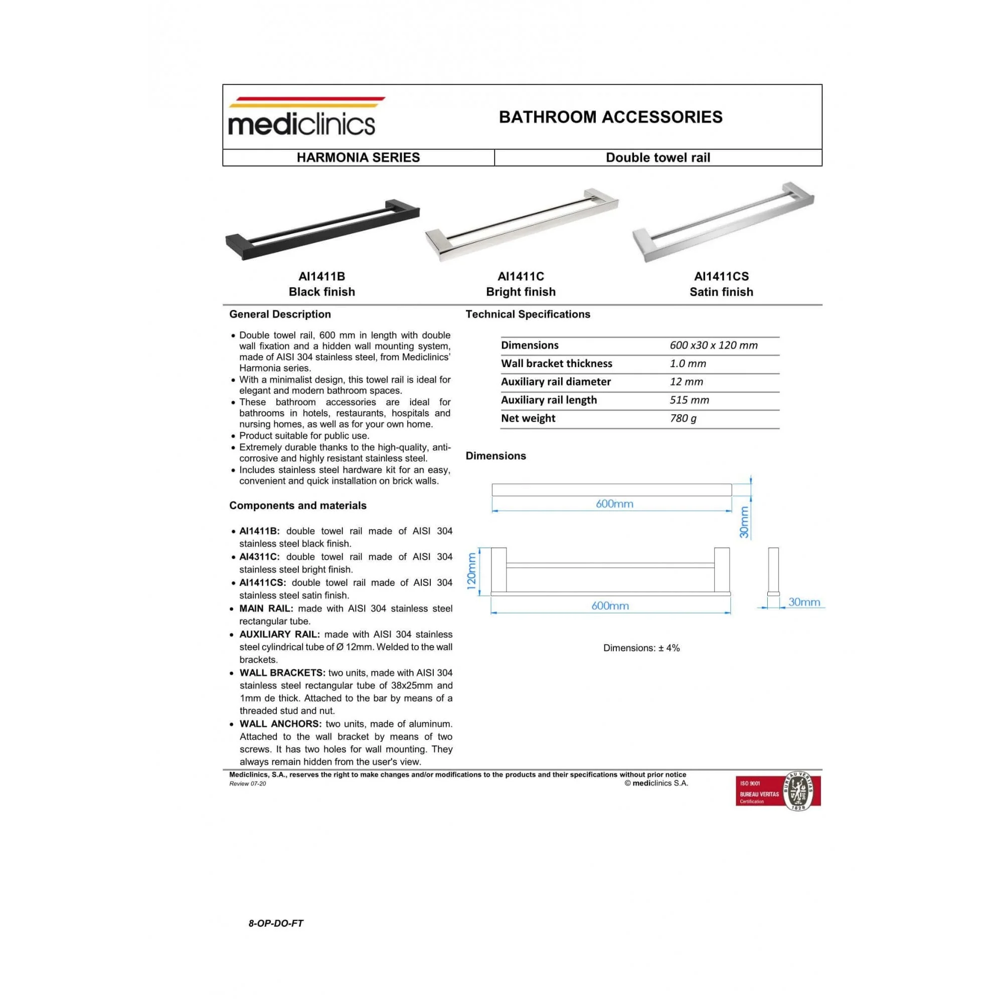 Mediclinics Stainless Steel Double Towel Rail - Image 4