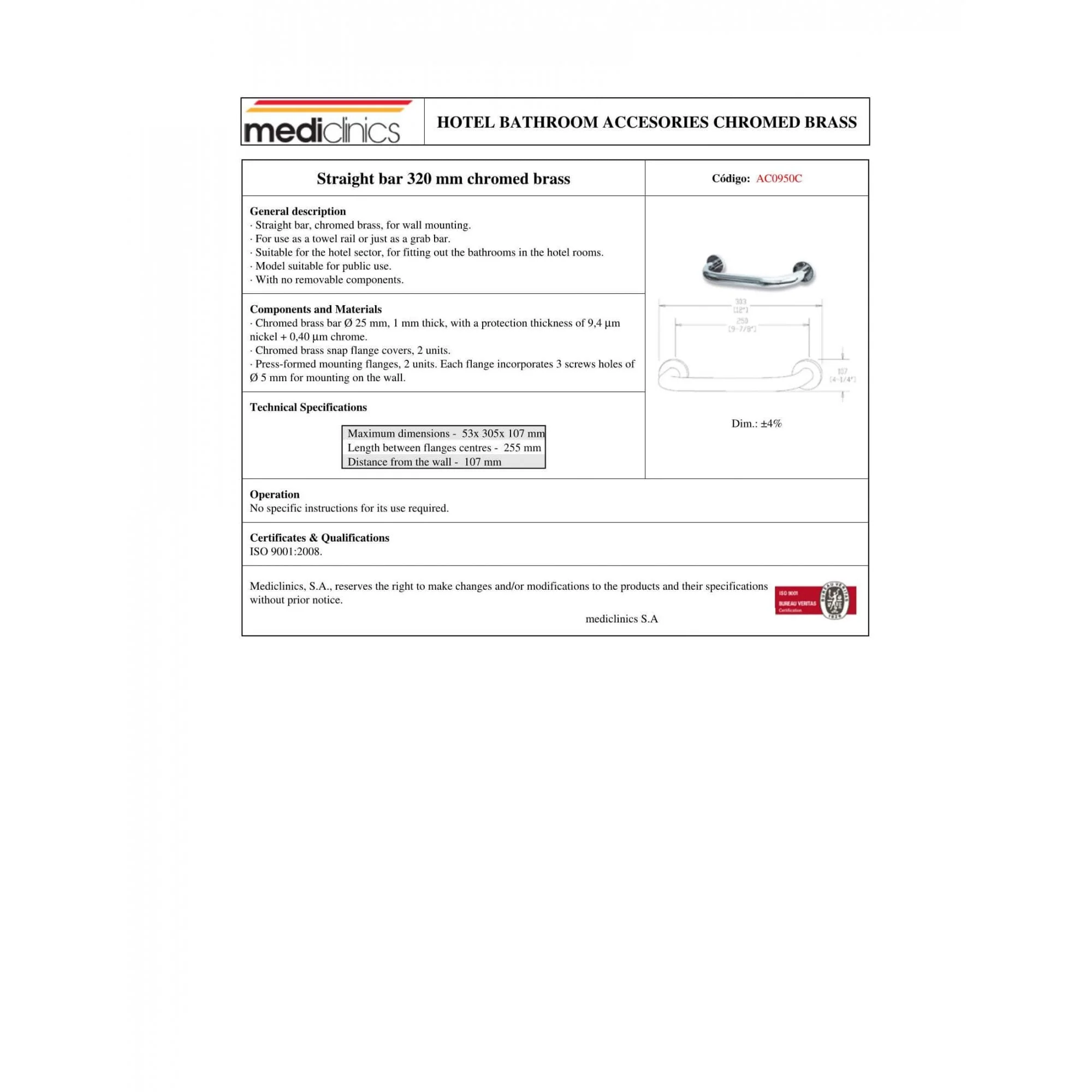 Mediclinics Straight Bar 305mm Chromed Brass Grab Rail - Image 2