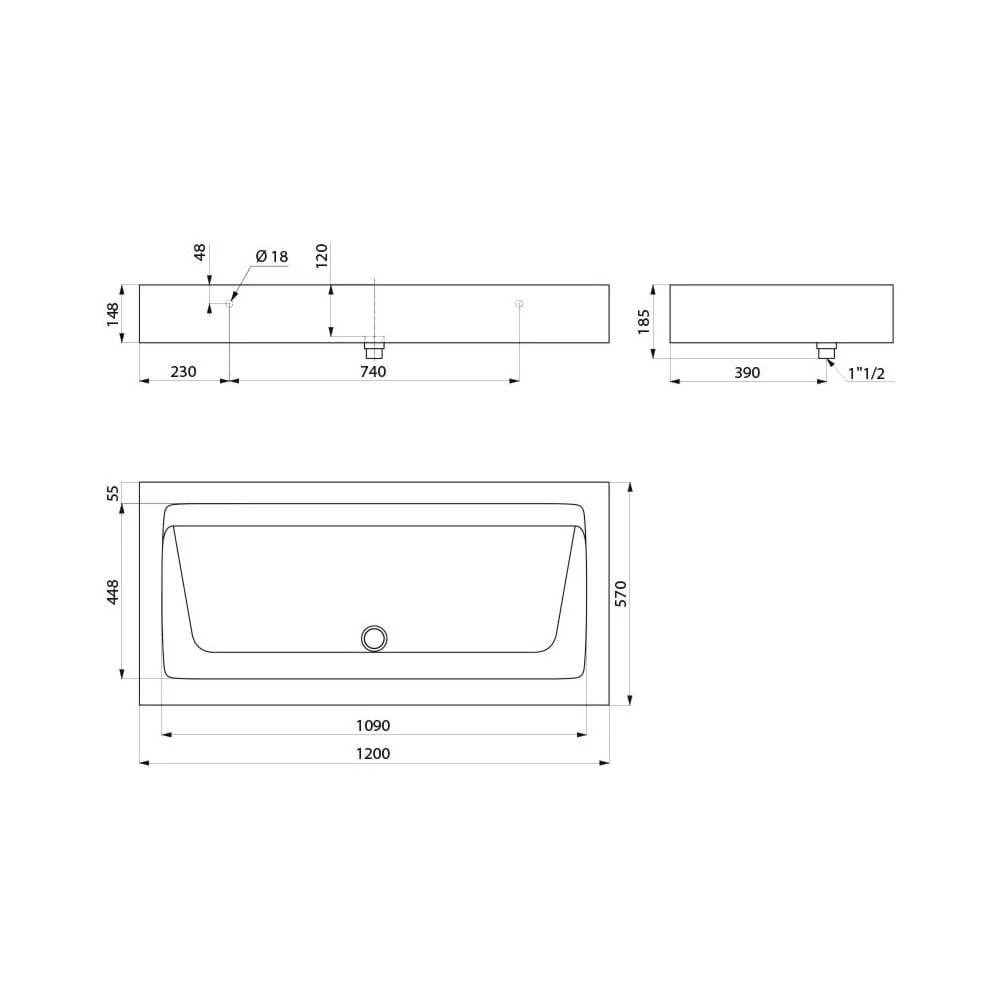 MINERALCAST Wall-Mounted Wash Trough for 2 taps L.1200mm 454120 - Image 2