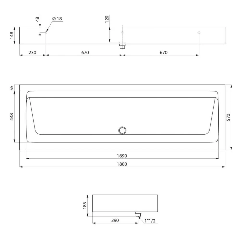 MINERALCAST Wall-Mounted Wash Trough for 3 taps L.1800mm 454180 - Image 2