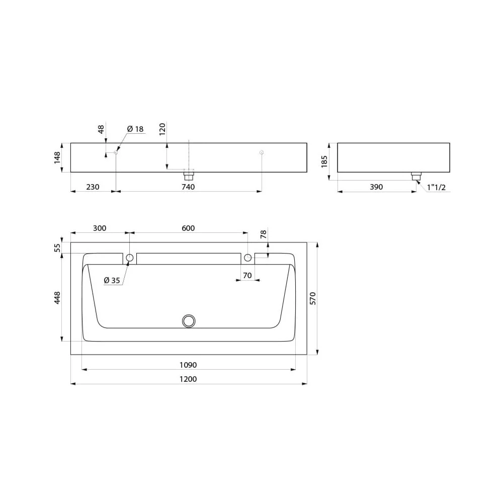 MINERALCAST Wall-Mounted Wash Trough L.1200mm with 2 x Ø35mm tap holes 454122 - Image 2