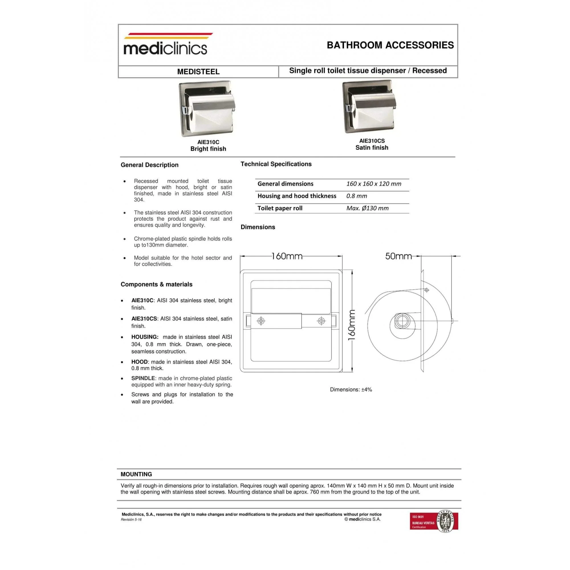 Recessed Stainless Steel Toilet Roll Holder with Cover - Image 3