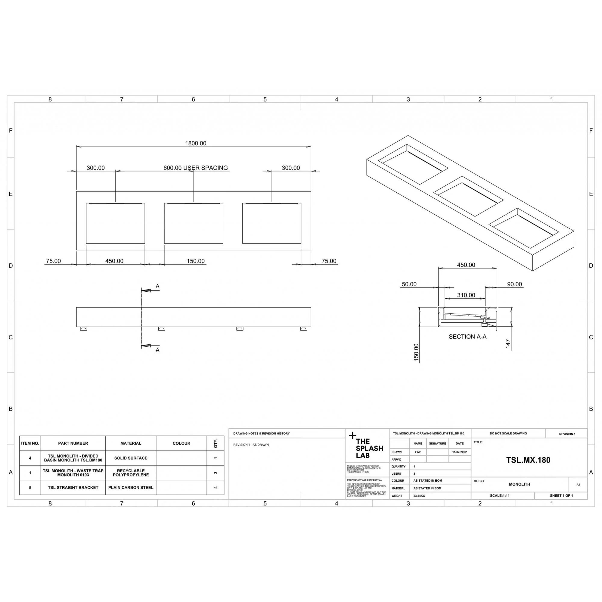 The Monolith M+ or L+ Series Wall Mounted Wash Basin L.1800mm (450 or 600mm Depth) - Image 6