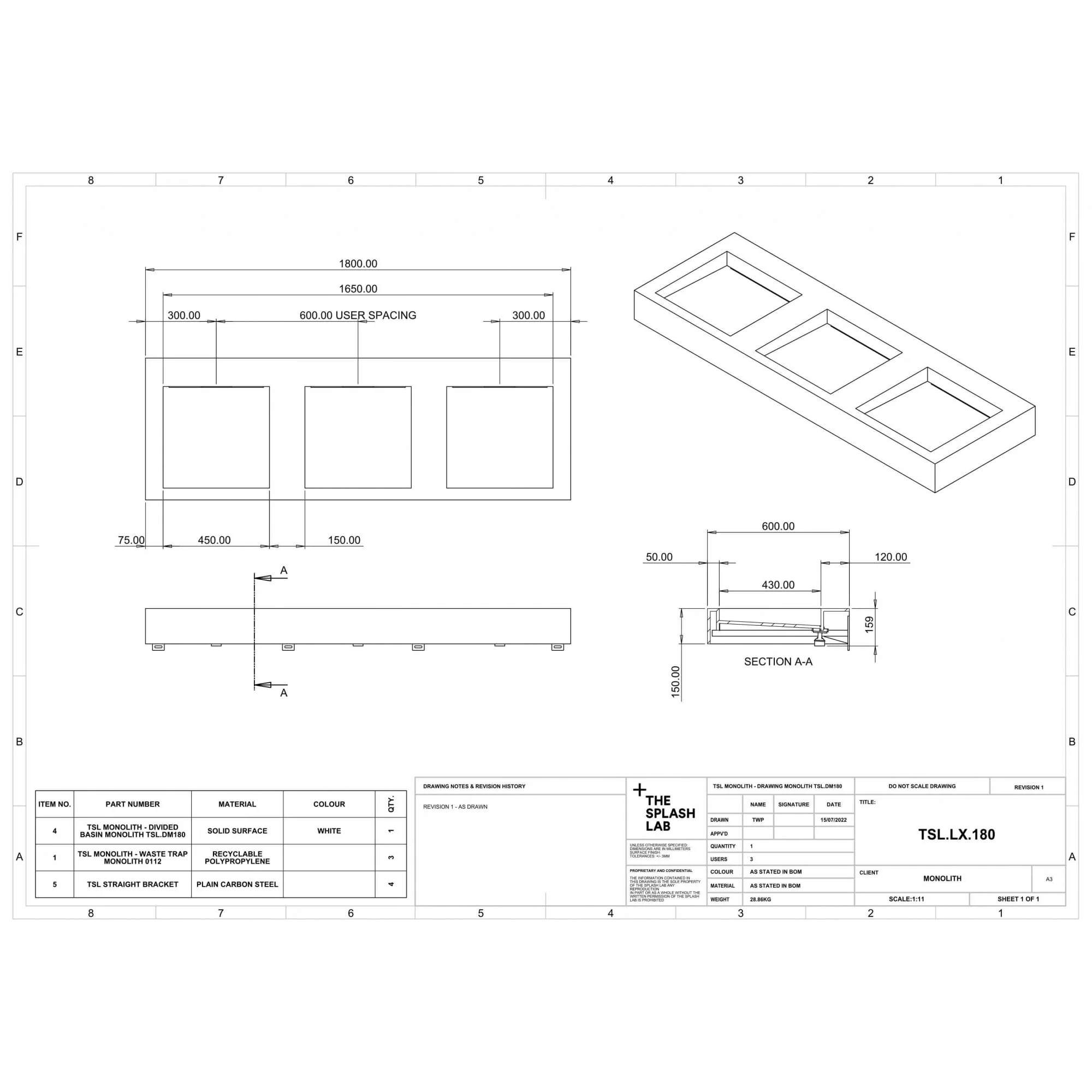 The Monolith M+ or L+ Series Wall Mounted Wash Basin L.1800mm (450 or 600mm Depth) - Image 7