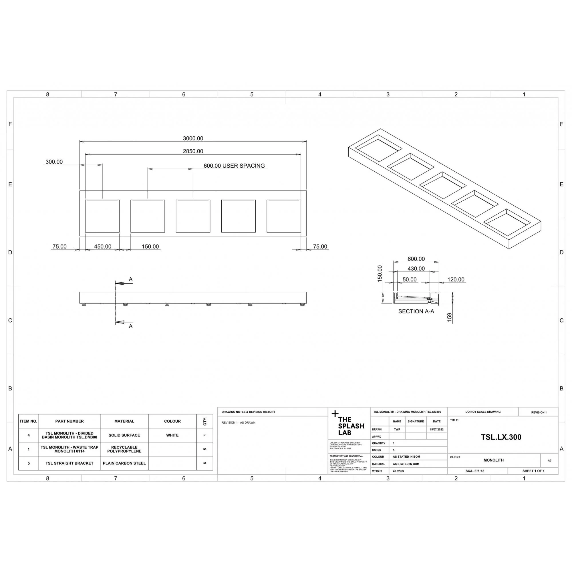 The Monolith M+ or L+ Series Wall Mounted Wash Basin L.3000mm (450 or 600mm Depth) - Image 8