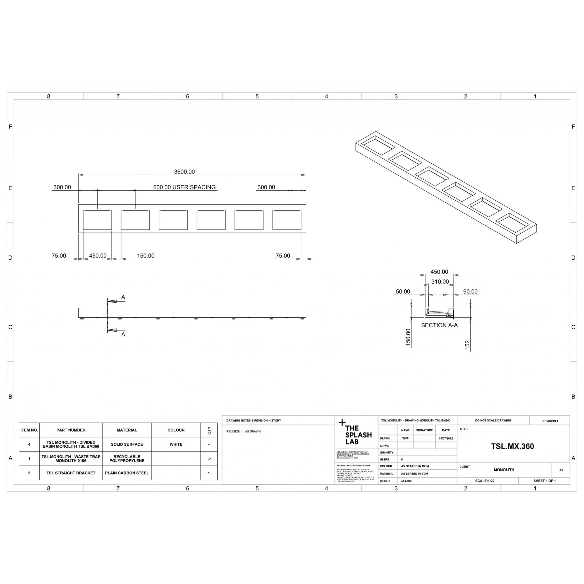The Monolith M+ or L+ Series Wall Mounted Wash Basin L.3600mm (450 or 600mm Depth) - Image 7