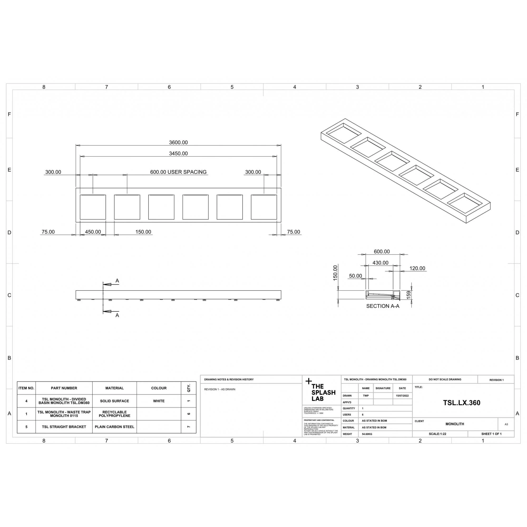 The Monolith M+ or L+ Series Wall Mounted Wash Basin L.3600mm (450 or 600mm Depth) - Image 8