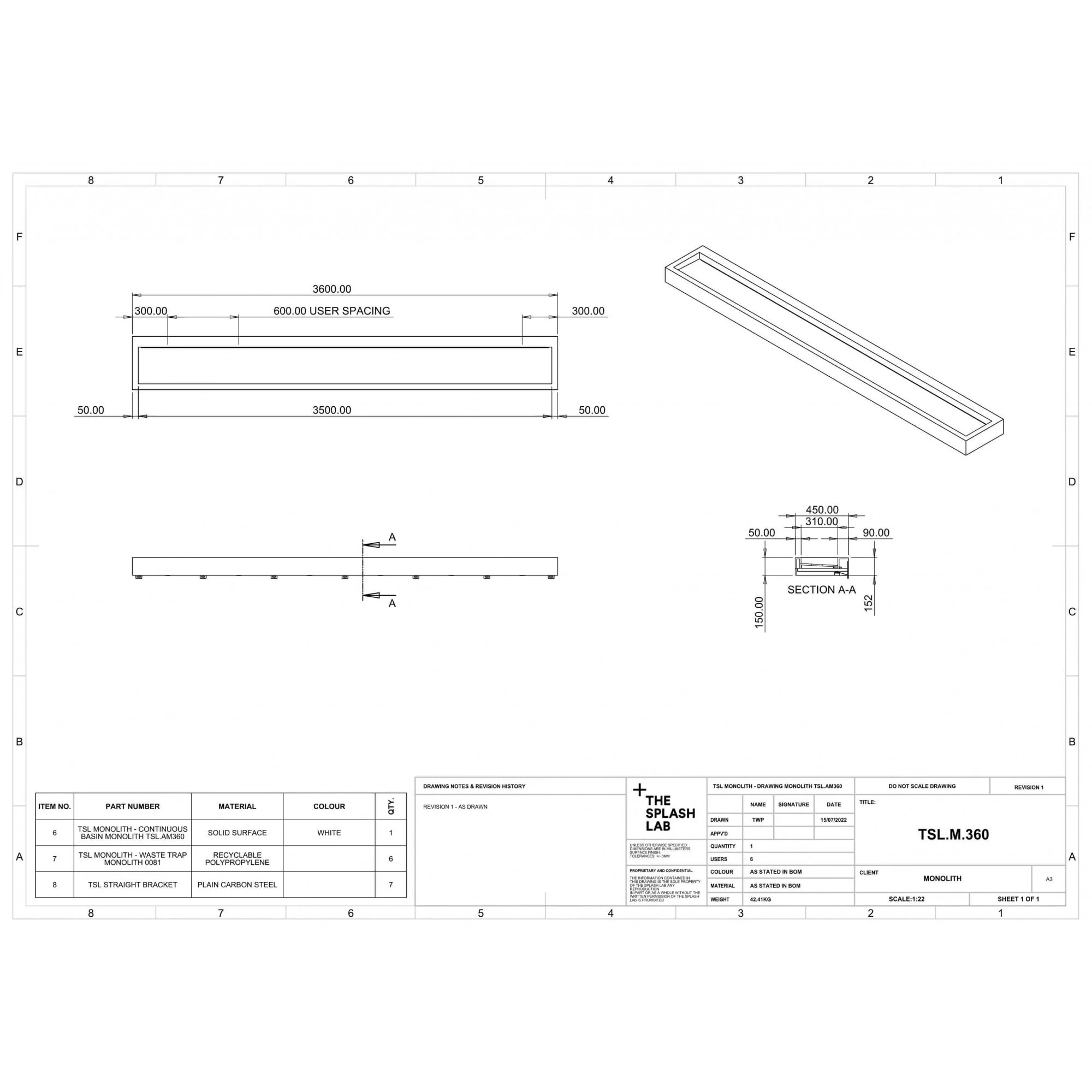 The Monolith M or L Series Wall Mounted Wash Basin L.3600mm (450 or 600mm Depth) - Image 7