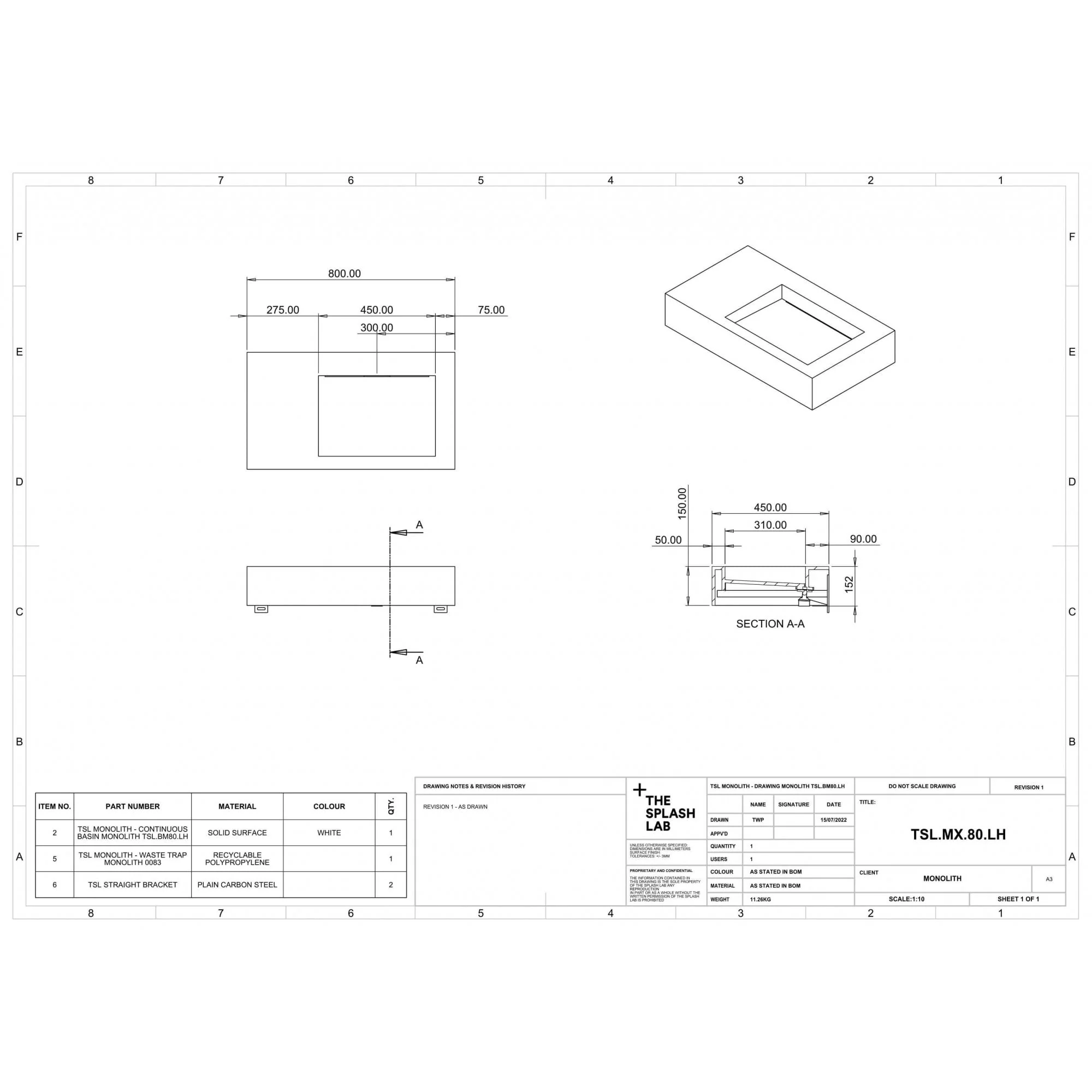 The Monolith M+ or L+ Series Wall Mounted Wash Basin With Left Hand Vanity Area L.800mm (450 or 600mm Depth) - Image 5