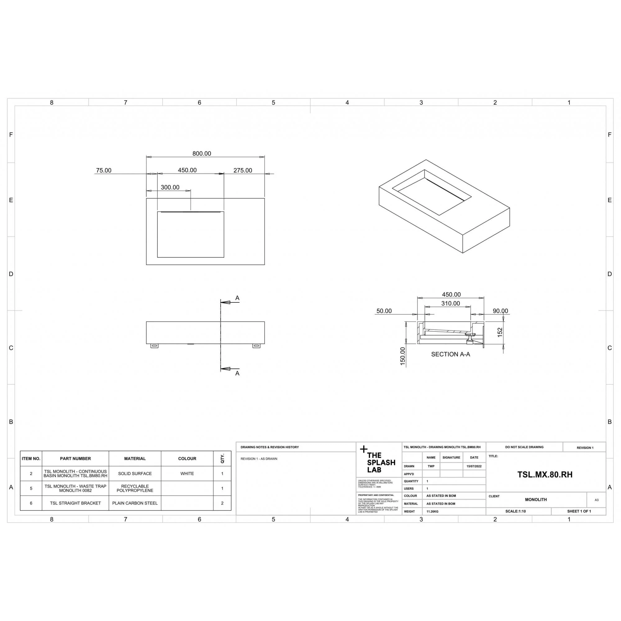 The Monolith M+ or L+ Series Wall Mounted Wash Basin With Right Hand Vanity Area L.800mm (450 or 600mm Depth) - Image 4