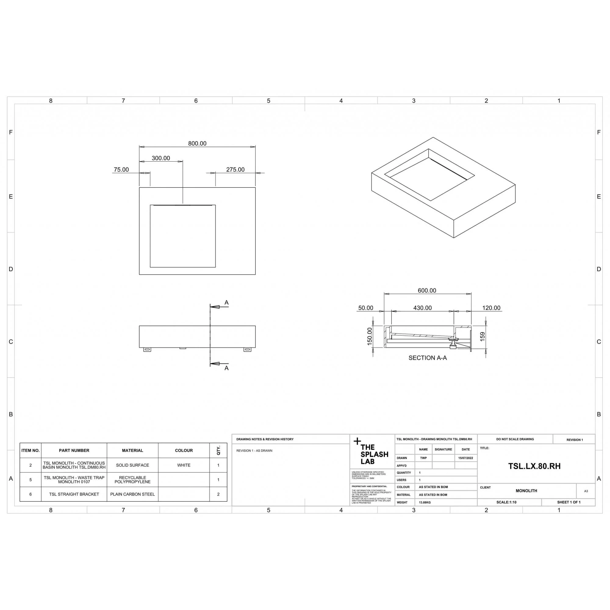 The Monolith M+ or L+ Series Wall Mounted Wash Basin With Right Hand Vanity Area L.800mm (450 or 600mm Depth) - Image 5