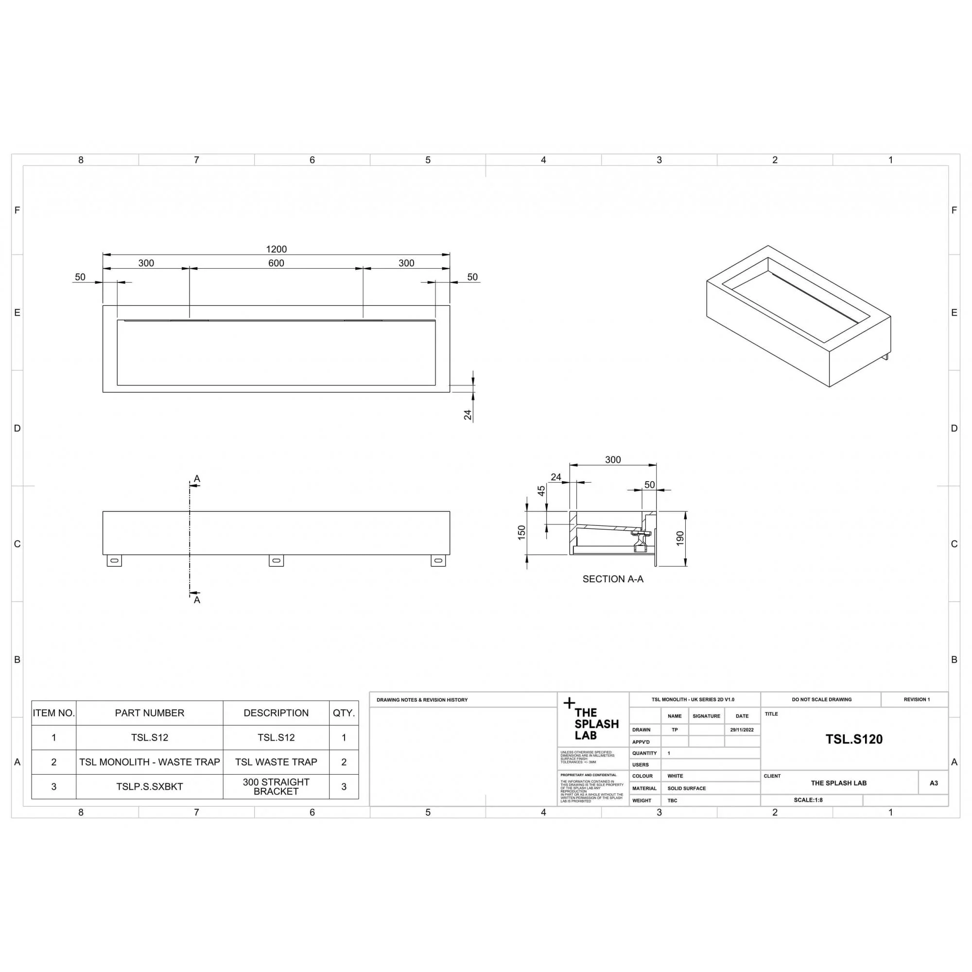 The Monolith S, M or L Series Wall Mounted Wash Basin L.1200mm (300, 450 or 600mm Depth) - Image 3