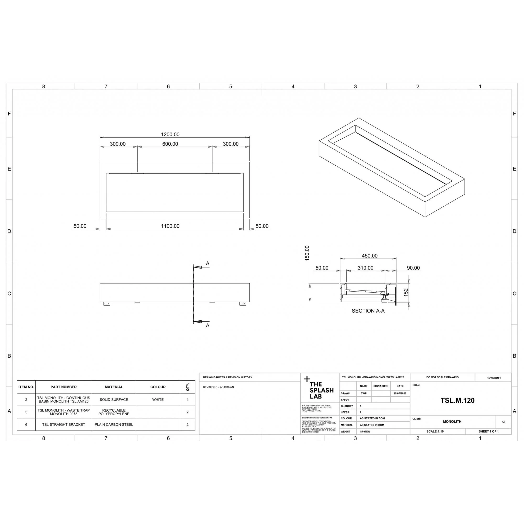 The Monolith S, M or L Series Wall Mounted Wash Basin L.1200mm (300, 450 or 600mm Depth) - Image 4
