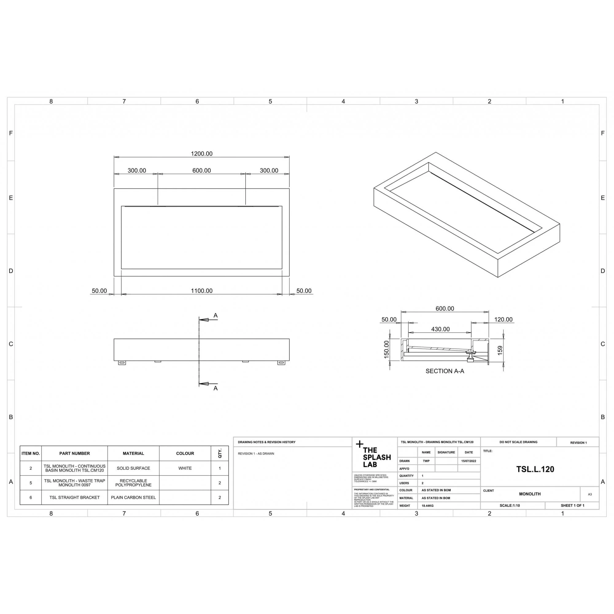 The Monolith S, M or L Series Wall Mounted Wash Basin L.1200mm (300, 450 or 600mm Depth) - Image 5